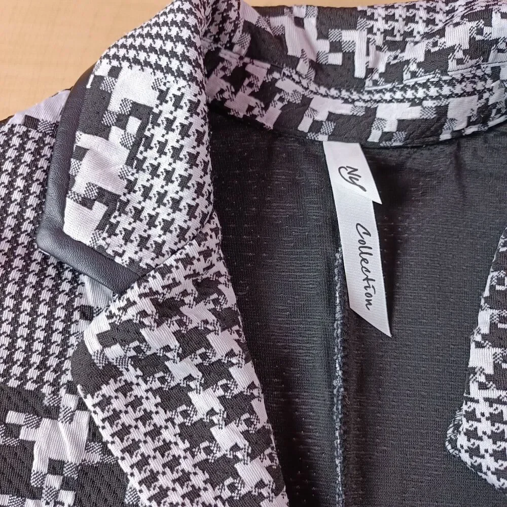 Woman's open sleeveless blazer cardigan houndstooth black white collar Large - Picture 8 of 15